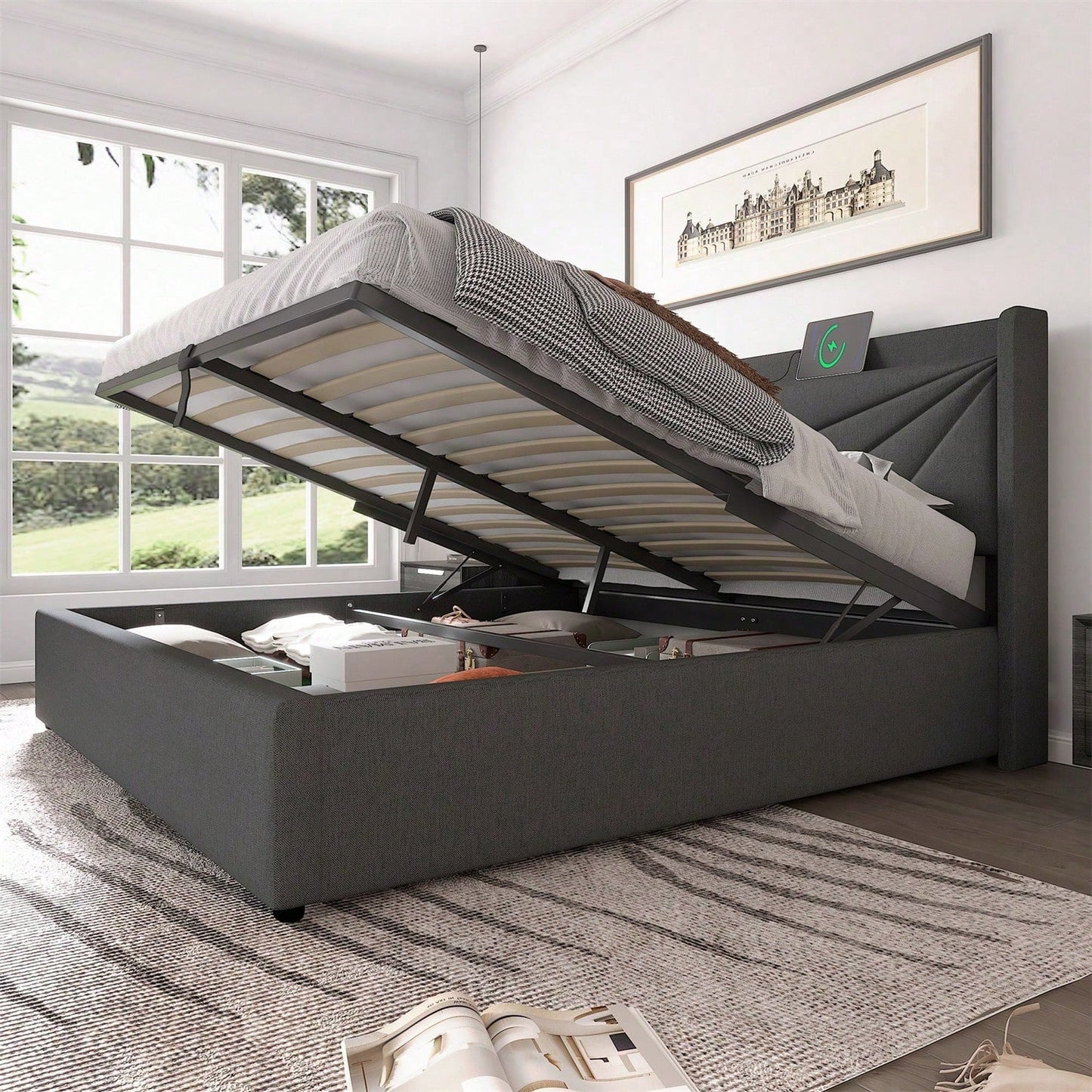Polsterbett Doppelbett Stauraum Bettkasten mit USB Typ C Ladefunktion Kopfteil,ohne Matratze, Stauraumbetten Bettgestell aus Leinenmaterial Jugendbett 160x200 mit lattenrost