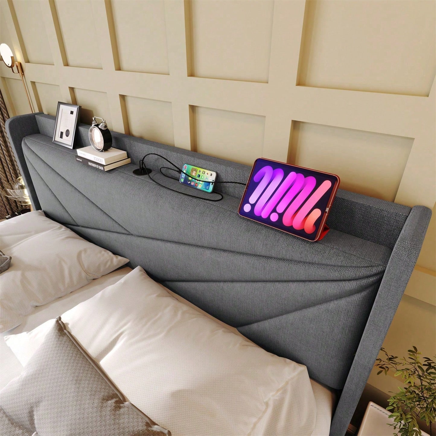 Polsterbett Doppelbett Stauraum Bettkasten mit USB Typ C Ladefunktion Kopfteil,ohne Matratze, Stauraumbetten Bettgestell aus Leinenmaterial Jugendbett 160x200 mit lattenrost
