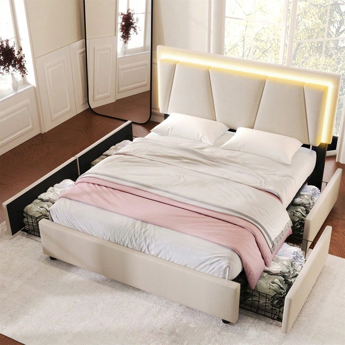 Polsterbett mit LED-Beleuchtung und 4 Schubladen,Höhenverstellbarem Kopfteil,Doppelbett 140x200cm Stauraumbetten Bettgestell, Lattenrost aus Holz, Beige