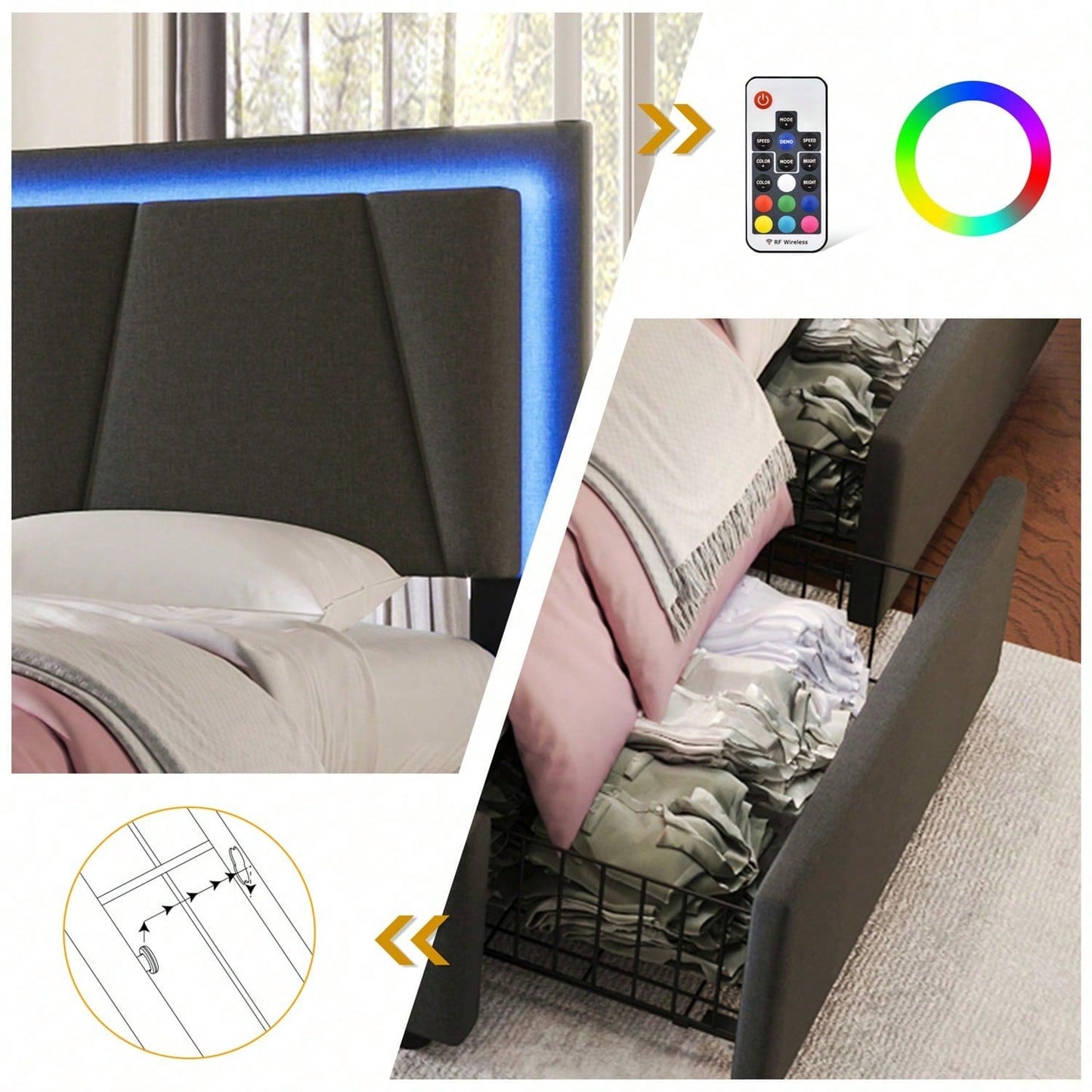 Polsterbett mit LED-Beleuchtung und 4 Schubladen,Höhenverstellbarem Kopfteil,Doppelbett 140x200cm Stauraumbetten Bettgestell, Lattenrost aus Holz, Beige
