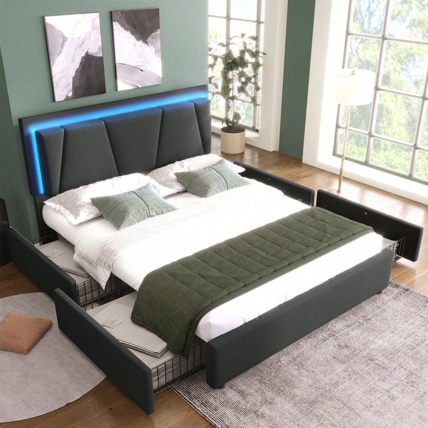 Polsterbett mit LED-Beleuchtung und 4 Schubladen,Höhenverstellbarem Kopfteil,Doppelbett 140x200cm Stauraumbetten Bettgestell, Lattenrost aus Holz, Beige