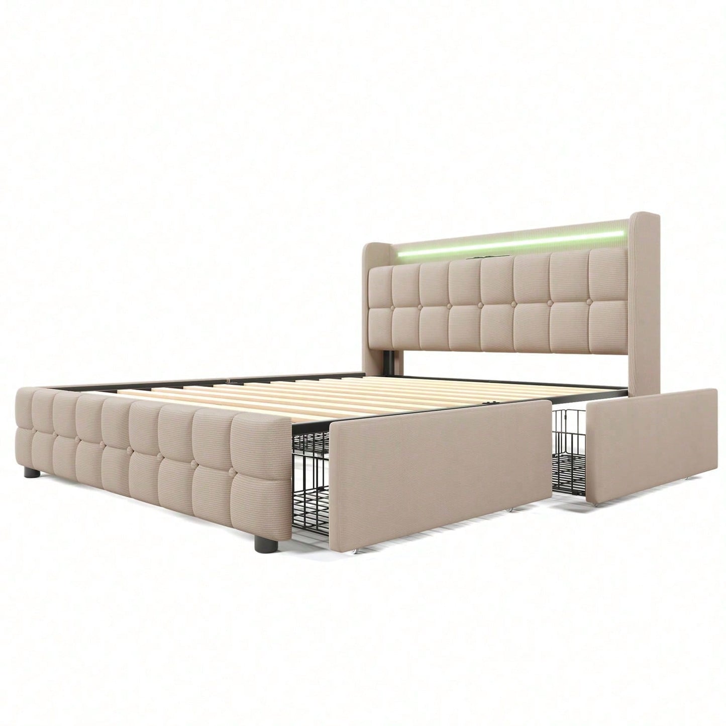 Polsterbett mit aufladen USB Ladefunktion Kopfteil und LED-Beleuchtung und 4 Schubladen,Doppelbett 140x200cm Stauraumbetten Bettgestell, Lattenrost aus Holz, Beige
