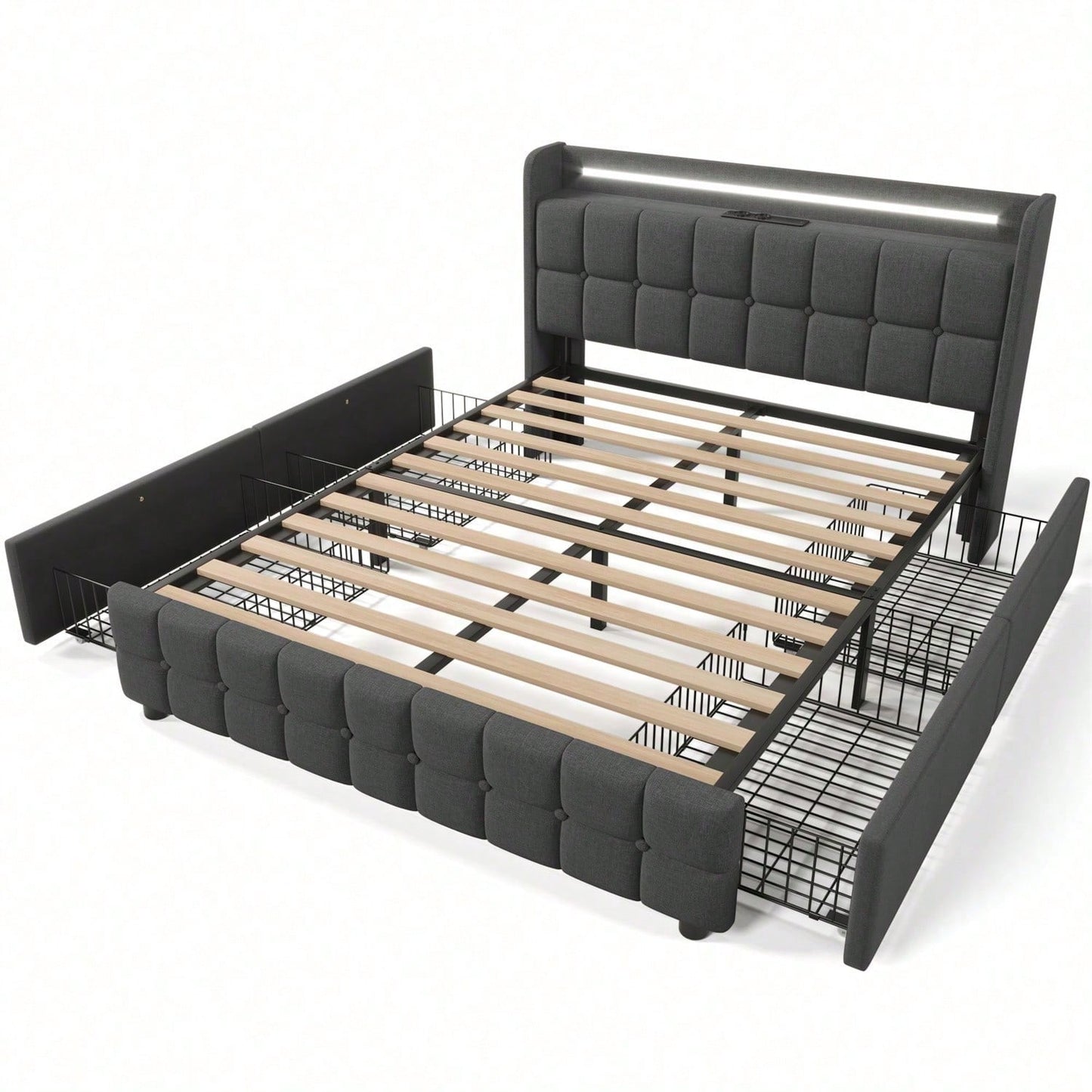 Polsterbett mit aufladen USB Ladefunktion Kopfteil und LED-Beleuchtung und 4 Schubladen,Doppelbett 140x200cm Stauraumbetten Bettgestell, Lattenrost aus Holz, Beige