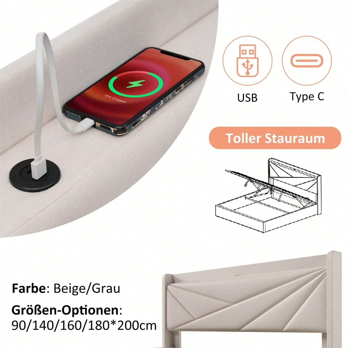 Polsterbett Einzelbett Stauraum Bettkasten mit USB Typ C Ladefunktion Kopfteil,Stauraumbetten Bettgestell aus Leinenmaterial Jugendbett 90x200 mit lattenrost