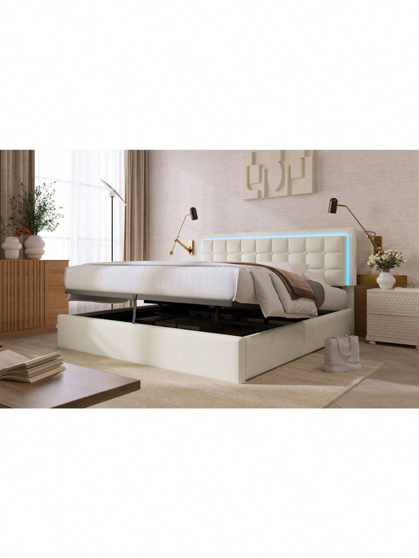 Polsterbett mit Lattenrost und Stauraum Doppelbett inkl. LED-Beleuchtungsleiste Bettgestell 160x200cm, Stauraumbett Funktionsbett Bezug aus Kunstleder Weiß
