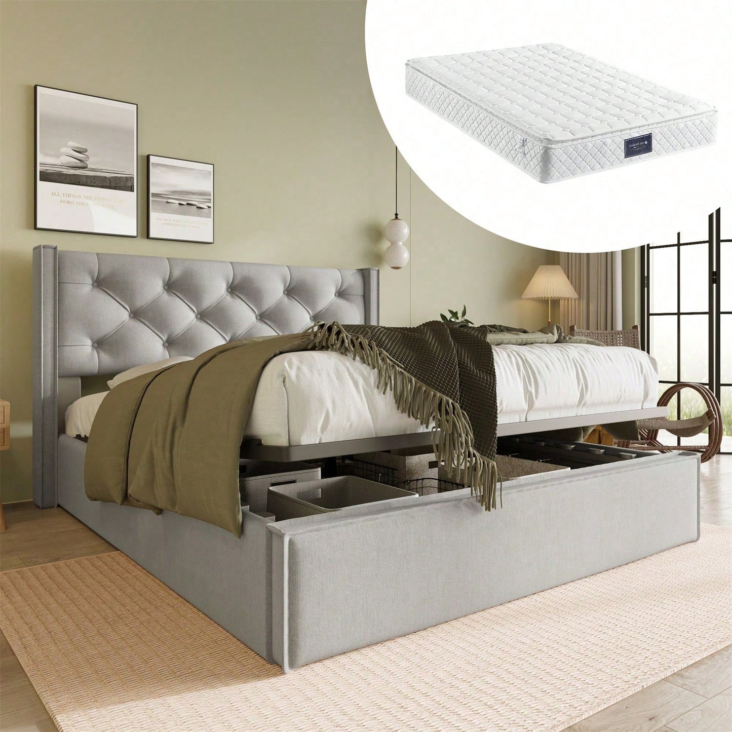 Hydraulisch Doppelbett Polsterbett 160x200cm,Bett mit Lattenrost aus Metallrahmen, Modernes Bettgestell mit Stauraum, Baumwolle, HellGrau(Mit Matratze)