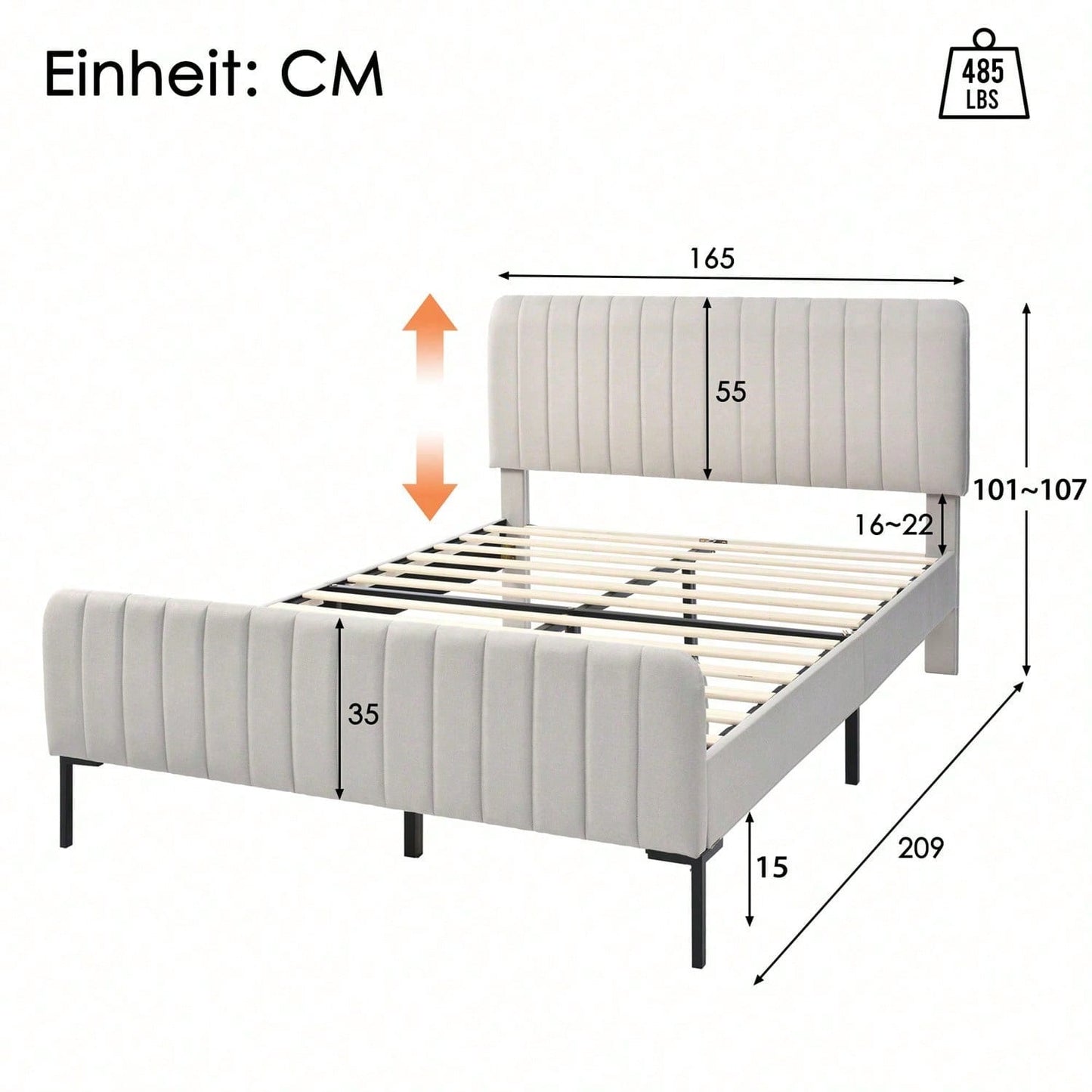 Polsterbett Doppelbett 160 x 200 cm, Bettgestell mit Lattenrost und Verstellbares Kopfteil, Gepolstertes bett in Grau-Beige,Bettrahmen Jugendbett für Schlafzimmer Gästezimmer-Leinenmaterial