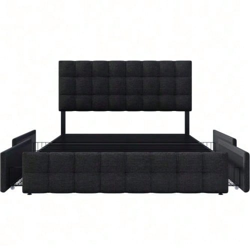 Polsterbett mit 4 Schubladen, Doppelbett mit Lattenrost, Stauraum Bett, höhenverstellbares Kopfteil & quadratisches Nähdesign, Metalllattenstütze, Leinenmaterial