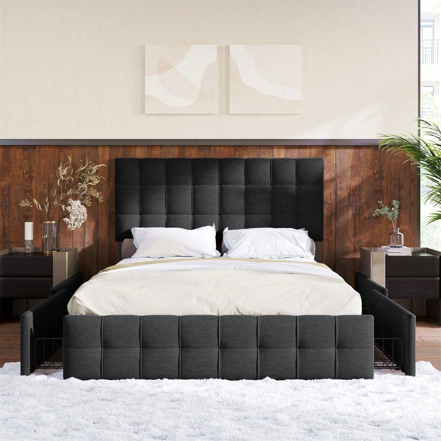 Polsterbett mit 4 Schubladen, Doppelbett mit Lattenrost, Stauraum Bett, höhenverstellbares Kopfteil & quadratisches Nähdesign, Metalllattenstütze, Leinenmaterial