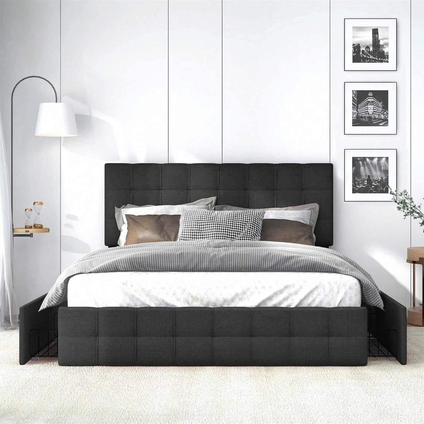 Polsterbett mit 4 Schubladen, Doppelbett mit Lattenrost, Stauraum Bett, höhenverstellbares Kopfteil & quadratisches Nähdesign, Metalllattenstütze, Leinenmaterial