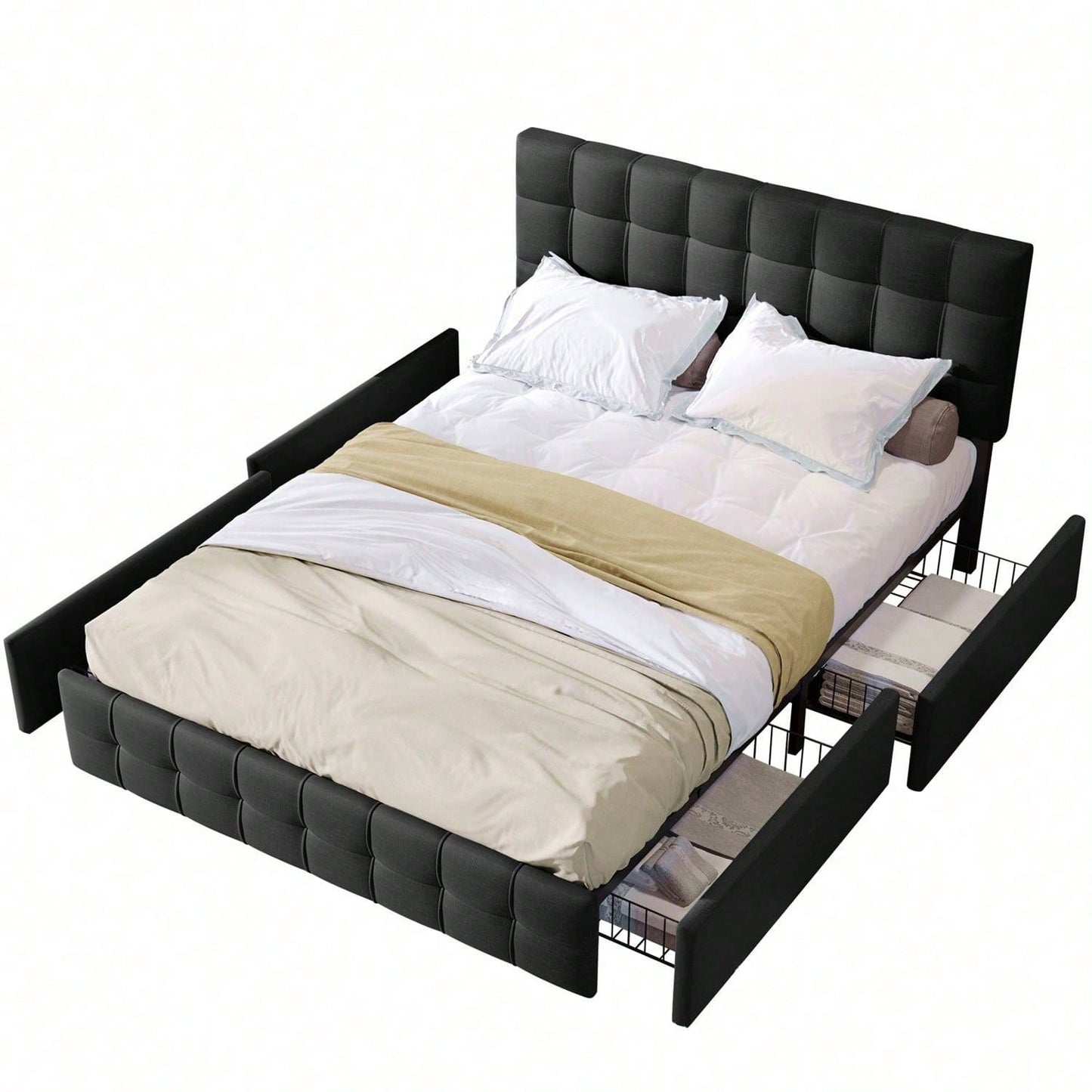 Polsterbett mit 4 Schubladen, Doppelbett mit Lattenrost, Stauraum Bett, höhenverstellbares Kopfteil & quadratisches Nähdesign, Metalllattenstütze, Leinenmaterial