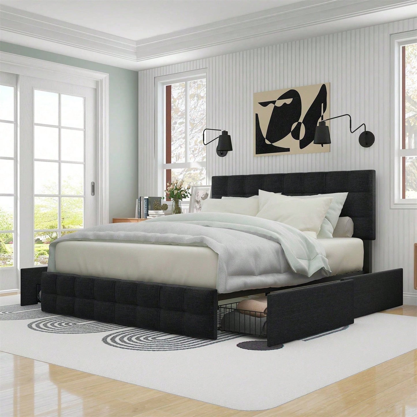 Polsterbett mit 4 Schubladen, Doppelbett mit Lattenrost, Stauraum Bett, höhenverstellbares Kopfteil & quadratisches Nähdesign, Metalllattenstütze, Leinenmaterial