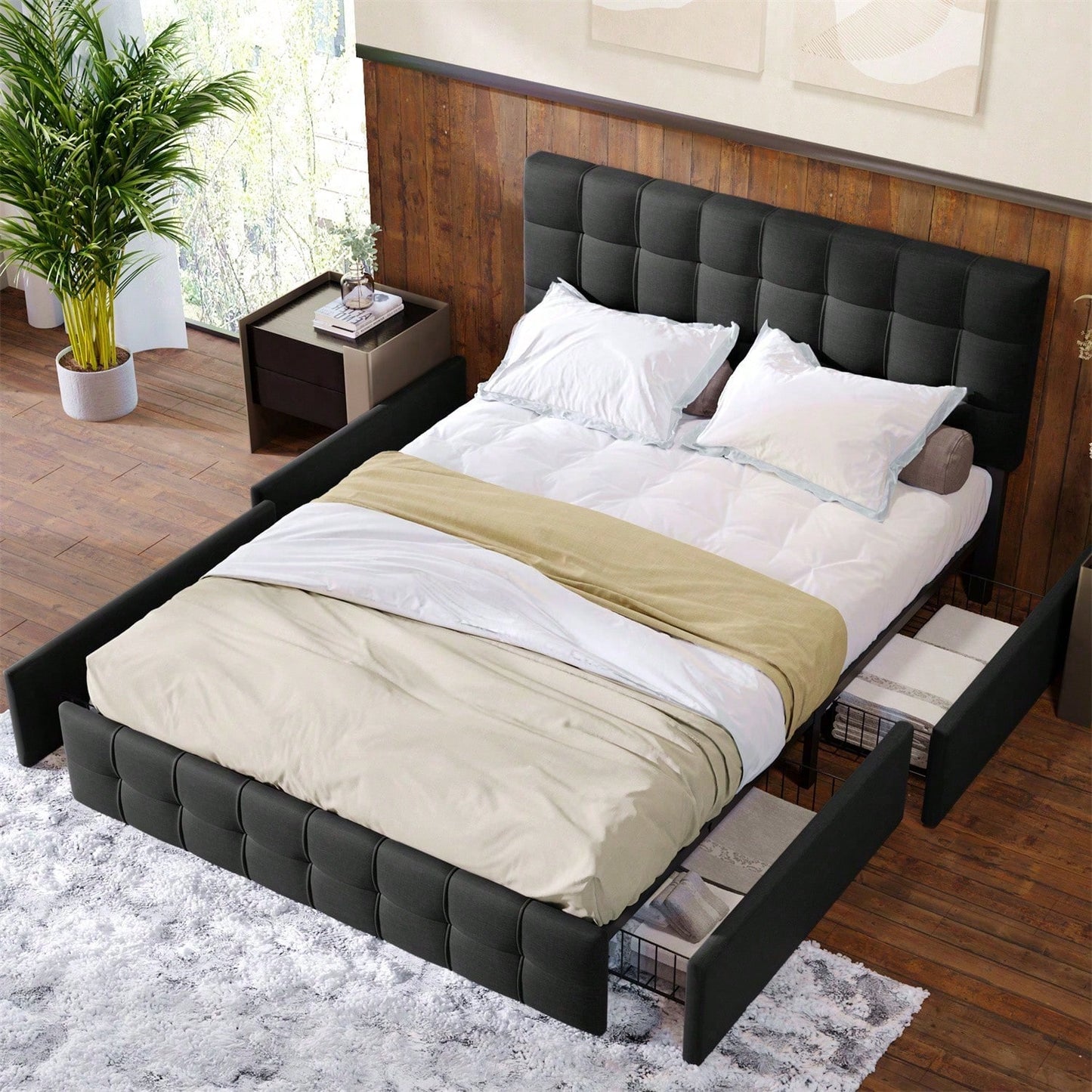 Polsterbett mit 4 Schubladen, Doppelbett mit Lattenrost, Stauraum Bett, höhenverstellbares Kopfteil & quadratisches Nähdesign, Metalllattenstütze, Leinenmaterial