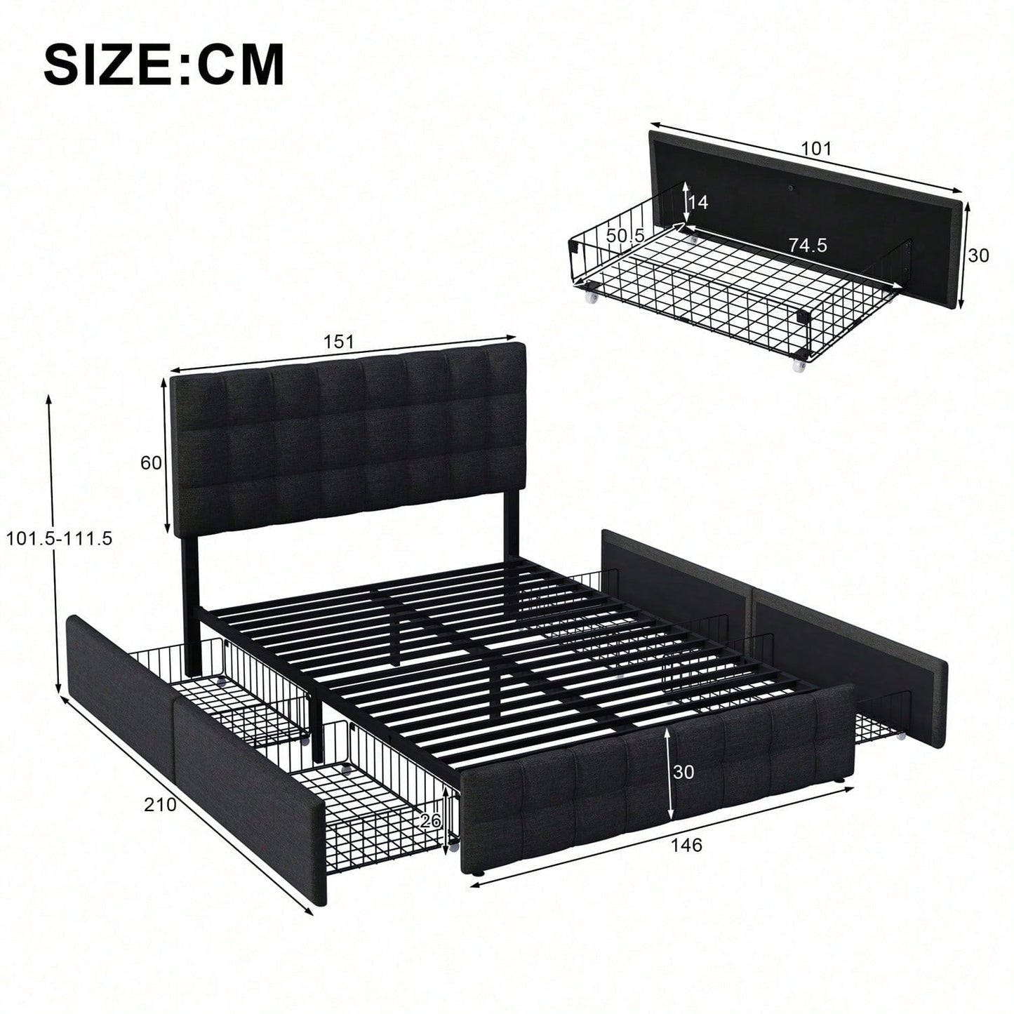 Polsterbett mit 4 Schubladen, Doppelbett mit Lattenrost, Stauraum Bett, höhenverstellbares Kopfteil & quadratisches Nähdesign, Metalllattenstütze, Leinenmaterial