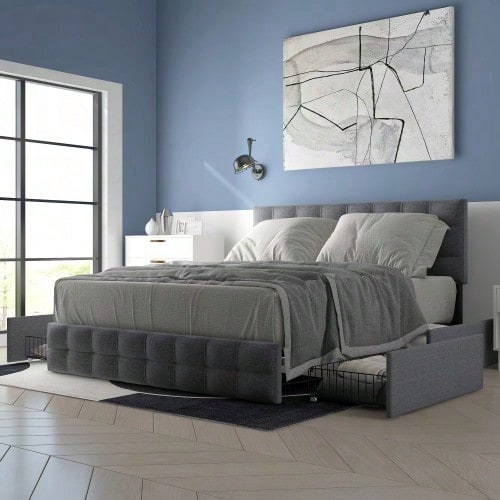 Polsterbett mit 4 Schubladen, Doppelbett mit Lattenrost, Stauraum Bett, höhenverstellbares Kopfteil & quadratisches Nähdesign, Metalllattenstütze, Leinenmaterial