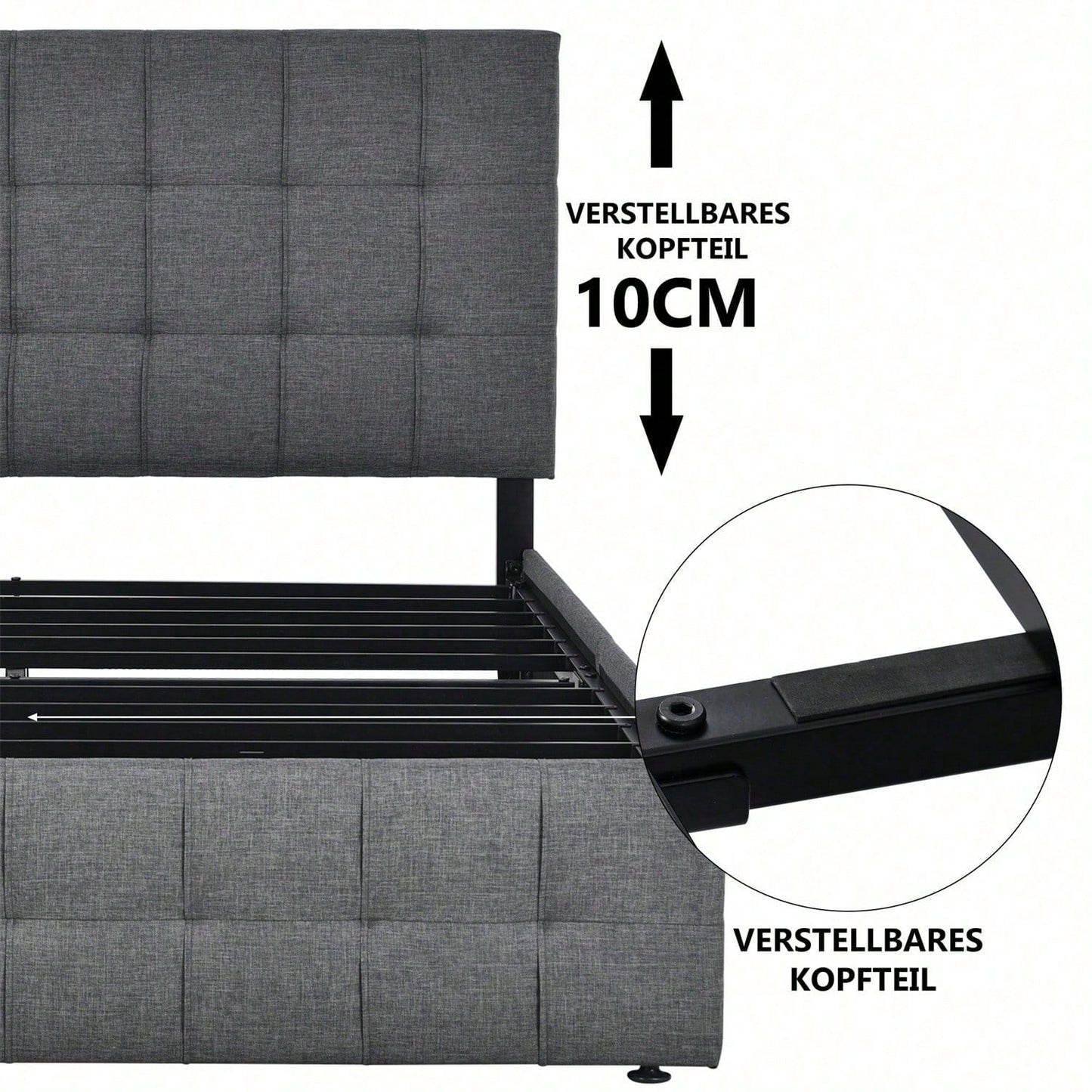 Polsterbett mit 4 Schubladen, Doppelbett mit Lattenrost, Stauraum Bett, höhenverstellbares Kopfteil & quadratisches Nähdesign, Metalllattenstütze, Leinenmaterial