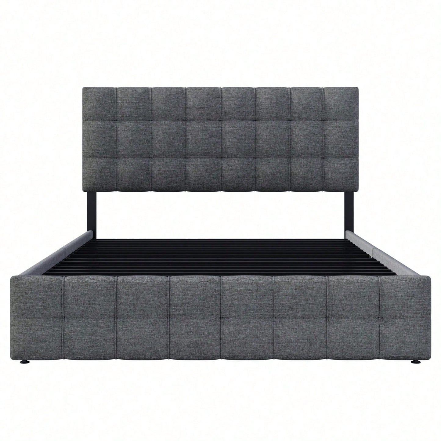 Polsterbett mit 4 Schubladen, Doppelbett mit Lattenrost, Stauraum Bett, höhenverstellbares Kopfteil & quadratisches Nähdesign, Metalllattenstütze, Leinenmaterial