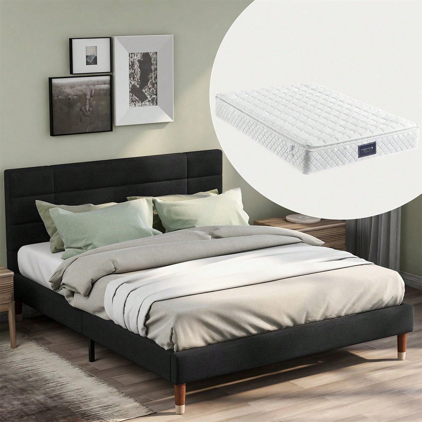 Polsterbett Doppelbett mit Lattenrost, 140x200cm gepolsteres Bettgestell mit Kopfteil, in Schwarz Leinen, für Erwachsene&Jugendliche(Mit Federkernmatratze)