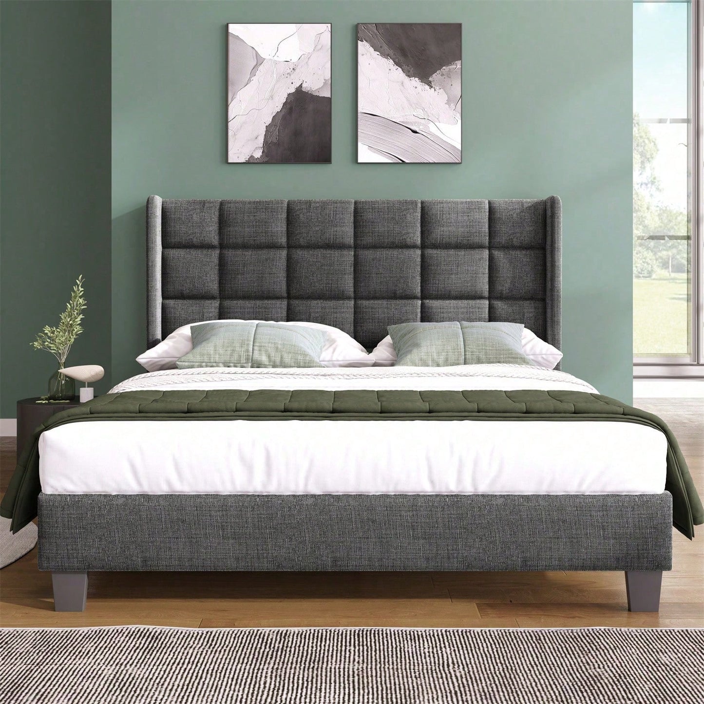 Polsterbett Mit seinem gepolstertes Kopfteil Doppelbett mit Lattenrost, 140x200cm ,in Grau Leinen, mittelfest