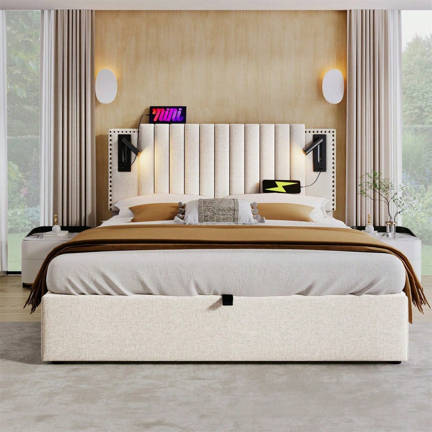 Polsterbett 140x200,Doppelbett Stauraum Bettkasten ,Leselicht mit USB Ladefunktion Kopfteil,Rückenlehne mit Nietendesign,Bett mit Lattenrost und Bettkasten, Baumwolle, Grau