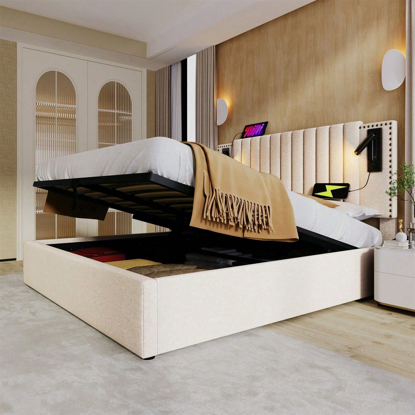 Polsterbett 140x200,Doppelbett Stauraum Bettkasten ,Leselicht mit USB Ladefunktion Kopfteil,Rückenlehne mit Nietendesign,Bett mit Lattenrost und Bettkasten, Baumwolle, Grau