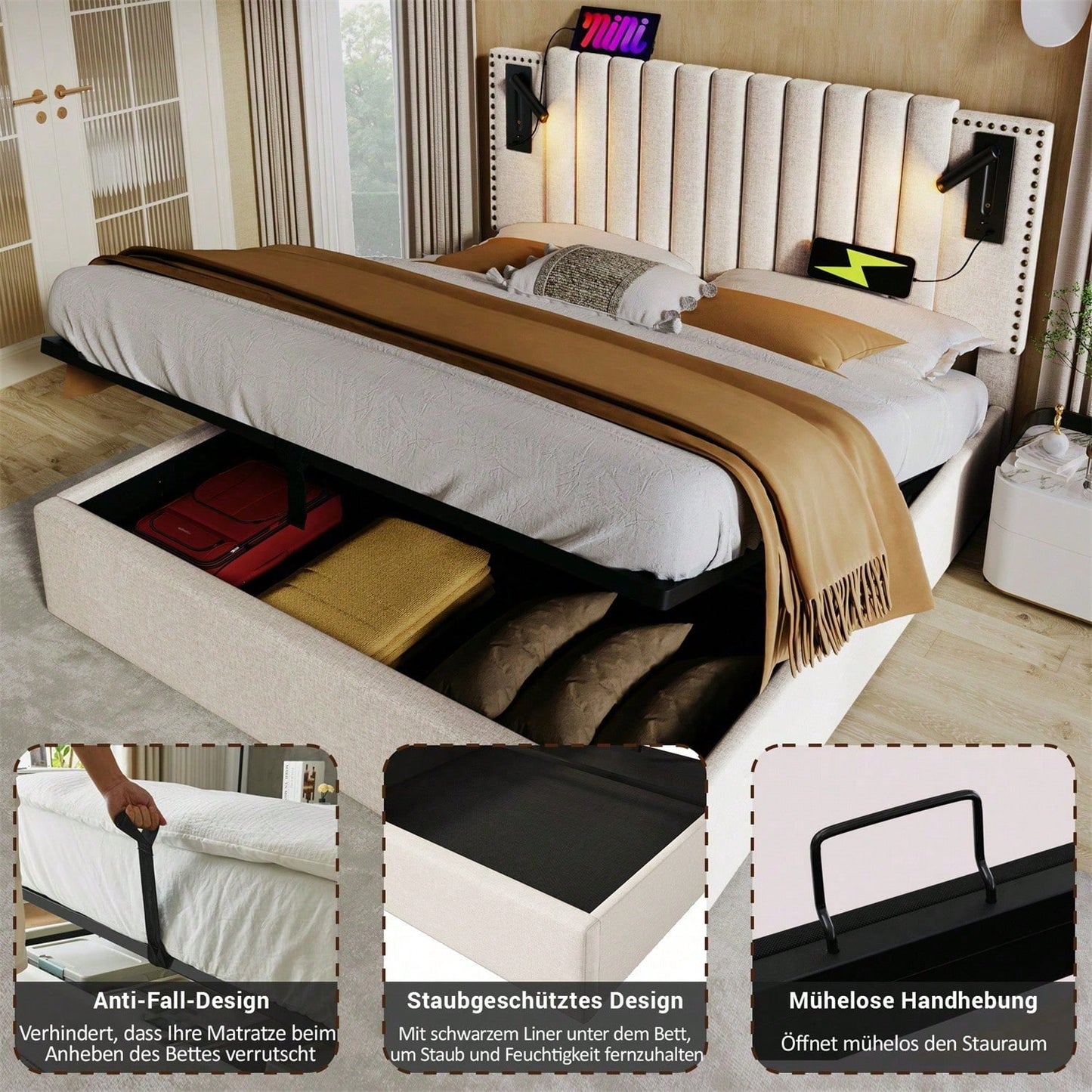 Polsterbett 140x200,Doppelbett Stauraum Bettkasten ,Leselicht mit USB Ladefunktion Kopfteil,Rückenlehne mit Nietendesign,Bett mit Lattenrost und Bettkasten, Baumwolle, Grau