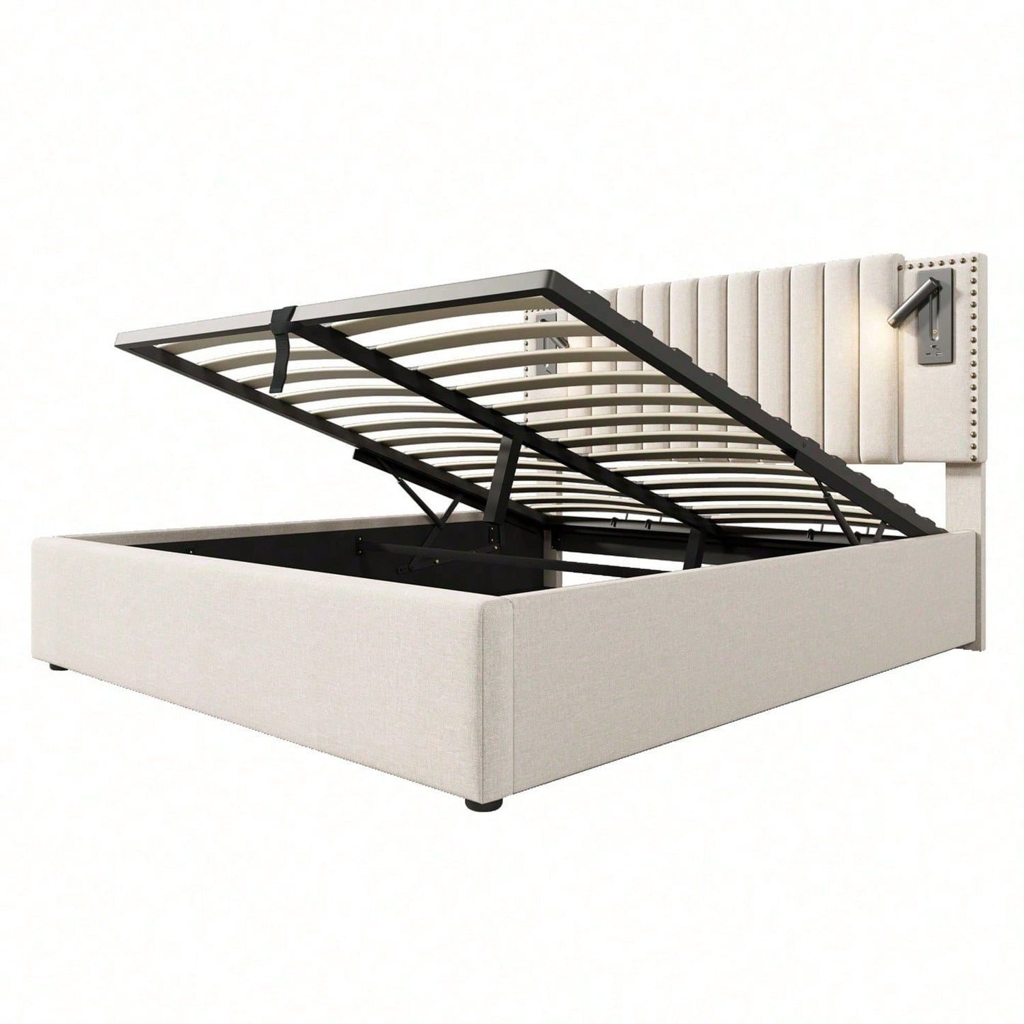 Polsterbett 140x200,Doppelbett Stauraum Bettkasten ,Leselicht mit USB Ladefunktion Kopfteil,Rückenlehne mit Nietendesign,Bett mit Lattenrost und Bettkasten, Baumwolle, Grau