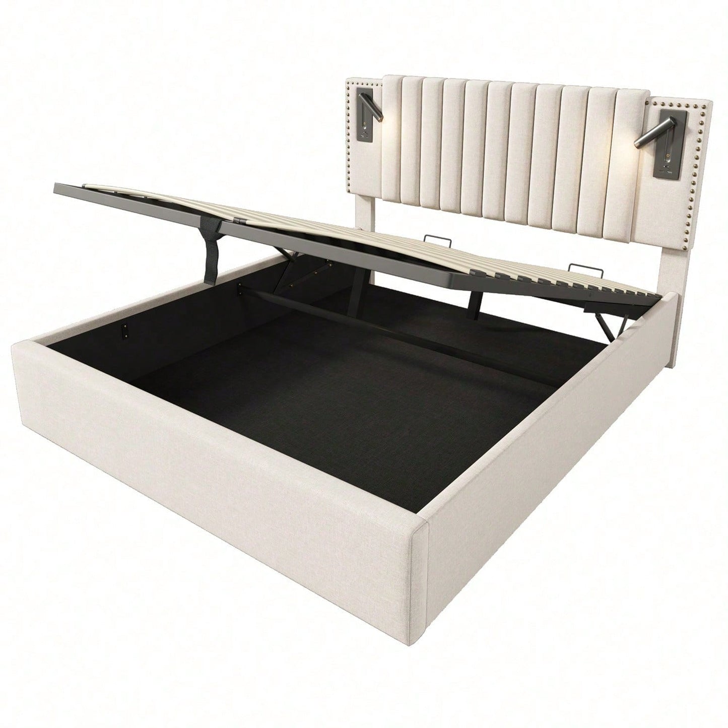 Polsterbett 140x200,Doppelbett Stauraum Bettkasten ,Leselicht mit USB Ladefunktion Kopfteil,Rückenlehne mit Nietendesign,Bett mit Lattenrost und Bettkasten, Baumwolle, Grau