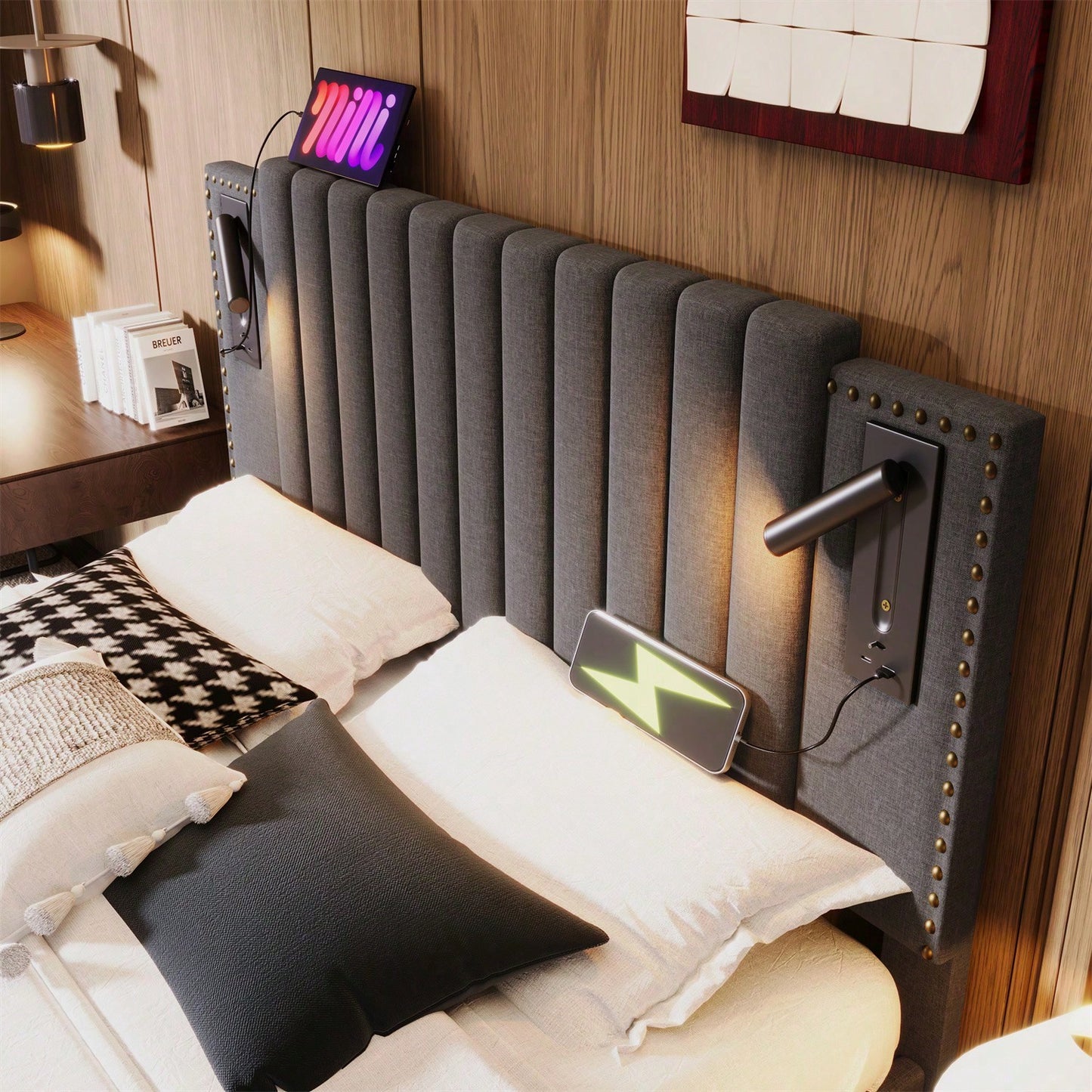 Polsterbett 140x200,Doppelbett Stauraum Bettkasten ,Leselicht mit USB Ladefunktion Kopfteil,Rückenlehne mit Nietendesign,Bett mit Lattenrost und Bettkasten, Baumwolle, Grau