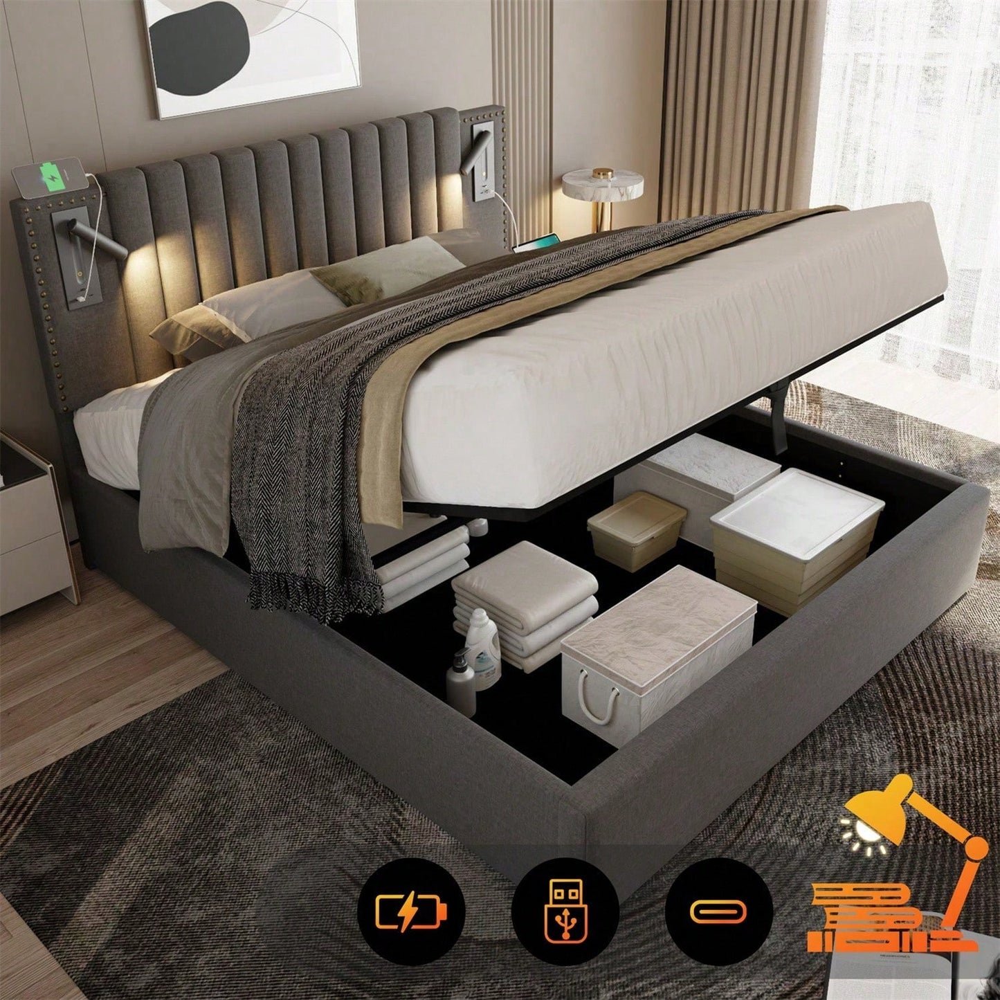 Polsterbett 140x200,Doppelbett Stauraum Bettkasten ,Leselicht mit USB Ladefunktion Kopfteil,Rückenlehne mit Nietendesign,Bett mit Lattenrost und Bettkasten, Baumwolle, Grau