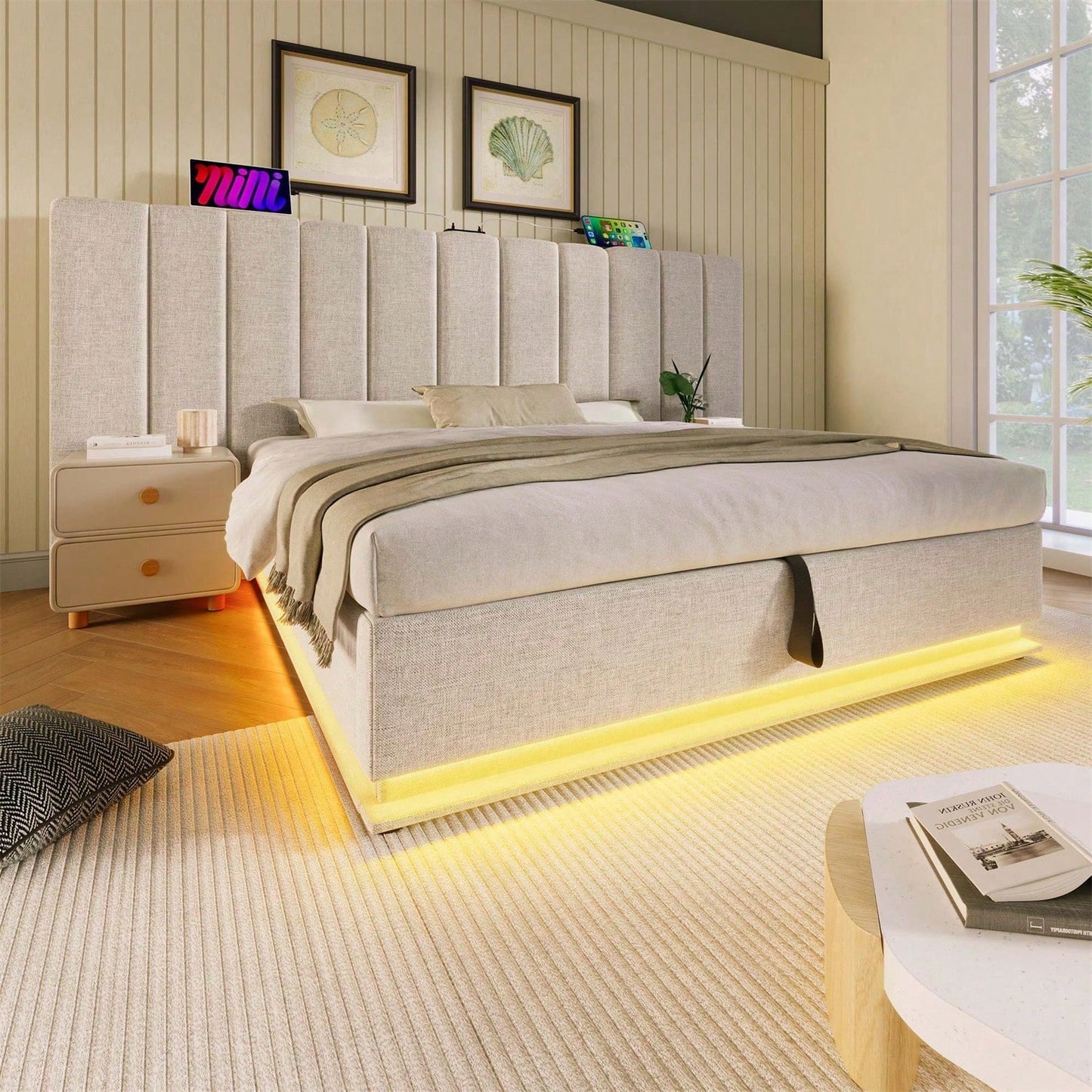 Polsterbett 180*200, Doppelbett Stauraumbett mit LED und USB-C Ladefunktion, Bettgestell mit Lattenrost, Leinen, Beige, Ohne Matratze und Nachttisch