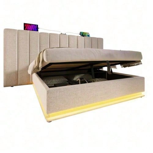 Polsterbett 180*200, Doppelbett Stauraumbett mit LED und USB-C Ladefunktion, Bettgestell mit Lattenrost, Leinen, Beige, Ohne Matratze und Nachttisch