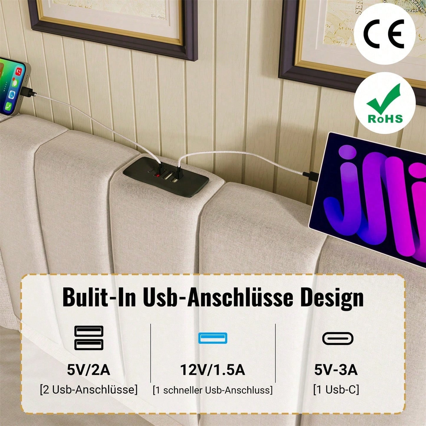 Polsterbett 180*200, Doppelbett Stauraumbett mit LED und USB-C Ladefunktion, Bettgestell mit Lattenrost, Leinen, Beige, Ohne Matratze und Nachttisch