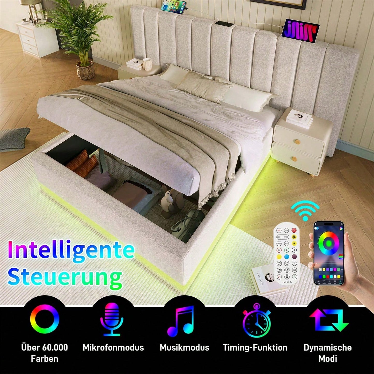 Polsterbett 180*200, Doppelbett Stauraumbett mit LED und USB-C Ladefunktion, Bettgestell mit Lattenrost, Leinen, Beige, Ohne Matratze und Nachttisch