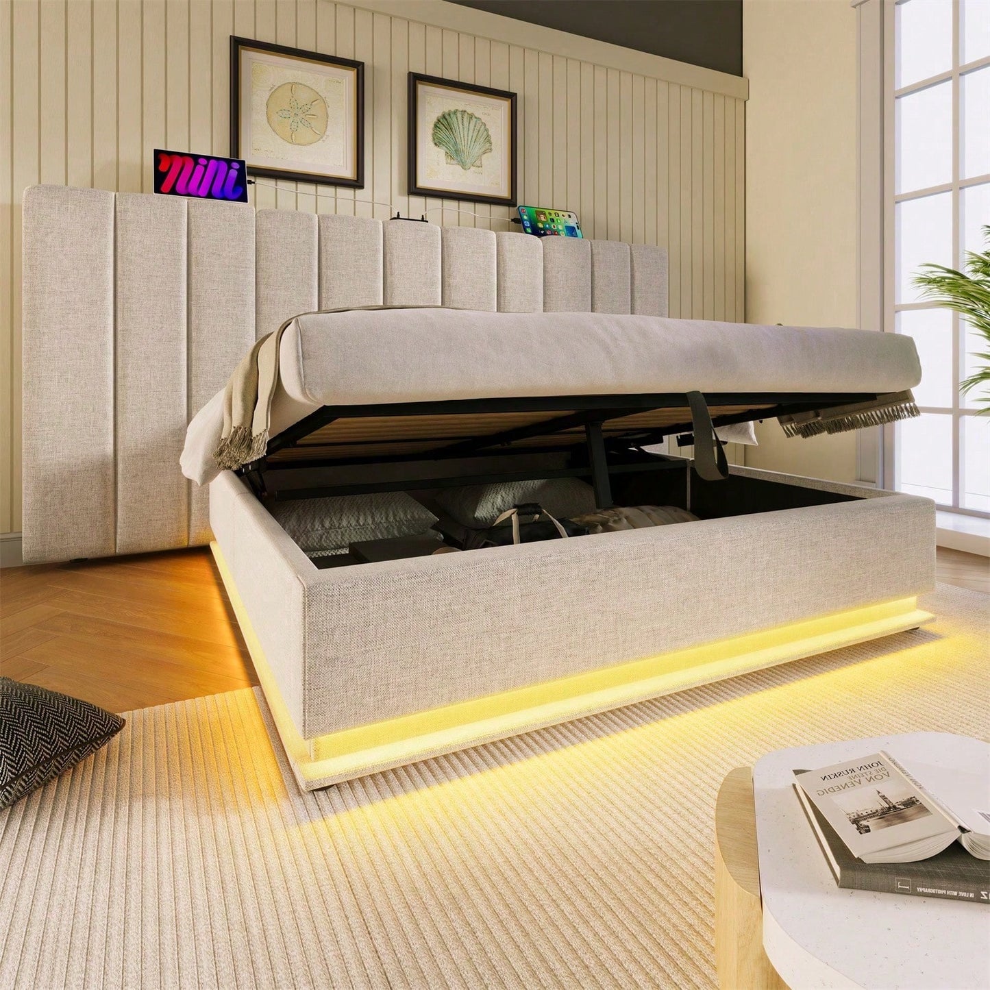 Polsterbett 180*200, Doppelbett Stauraumbett mit LED und USB-C Ladefunktion, Bettgestell mit Lattenrost, Leinen, Beige, Ohne Matratze und Nachttisch
