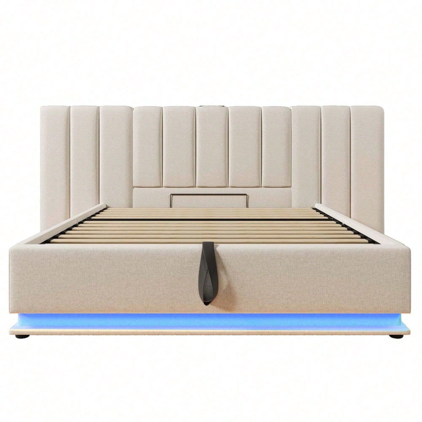 Polsterbett 180*200, Doppelbett Stauraumbett mit LED und USB-C Ladefunktion, Bettgestell mit Lattenrost, Leinen, Beige, Ohne Matratze und Nachttisch
