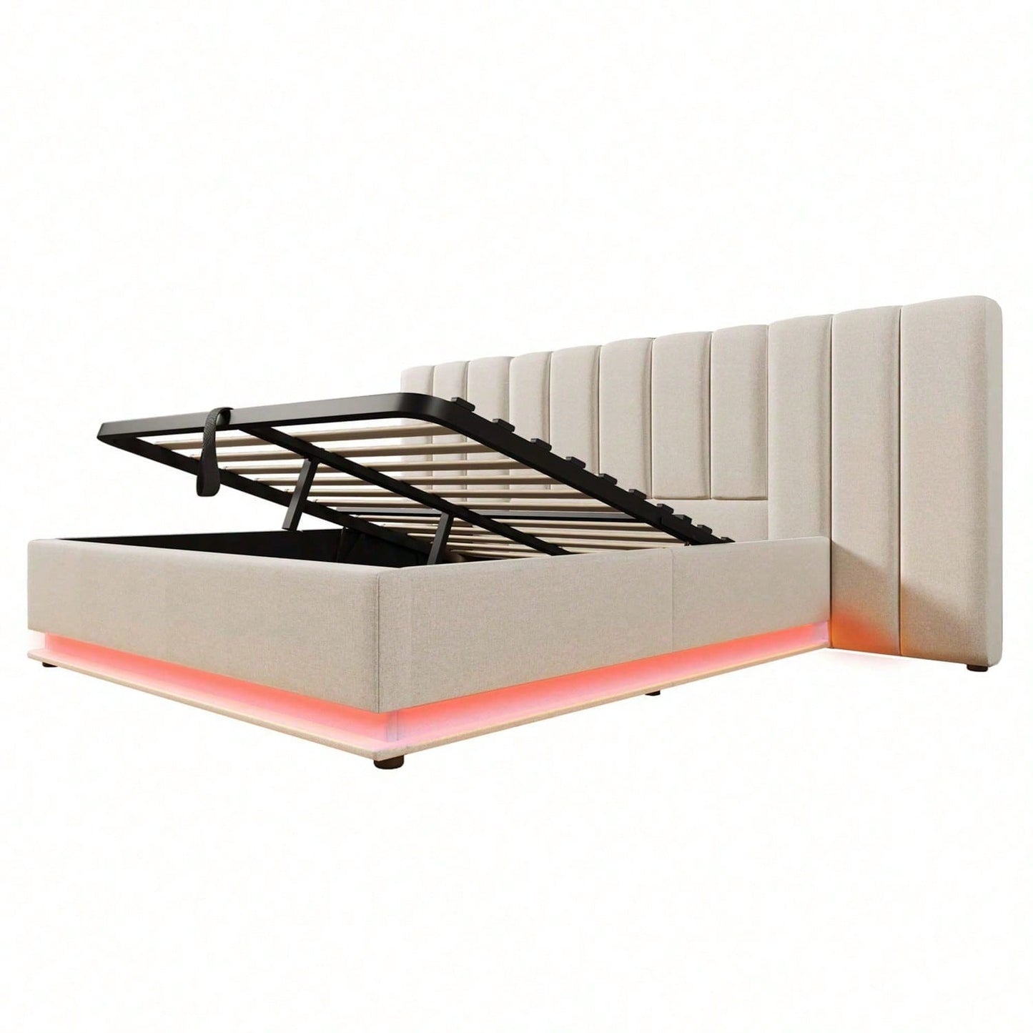 Polsterbett 180*200, Doppelbett Stauraumbett mit LED und USB-C Ladefunktion, Bettgestell mit Lattenrost, Leinen, Beige, Ohne Matratze und Nachttisch