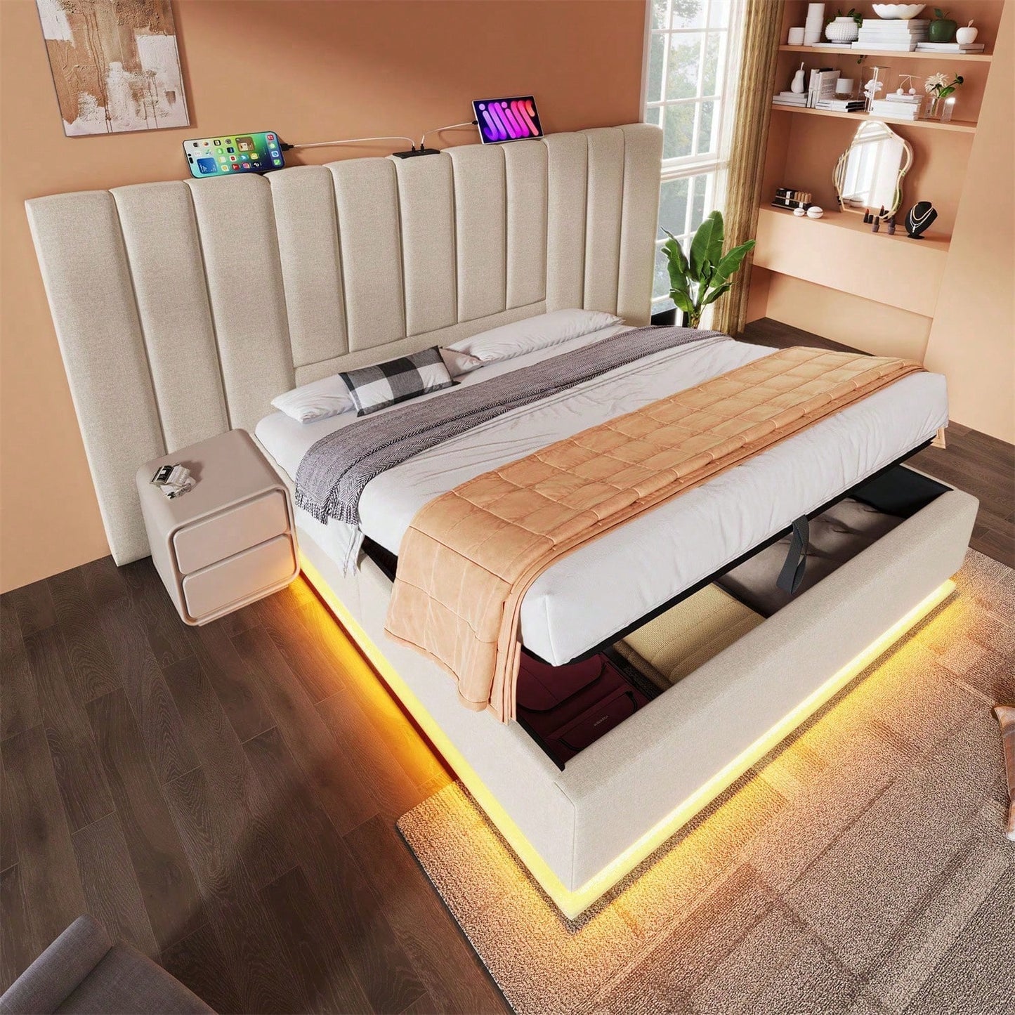 Polsterbett 180*200, Doppelbett Stauraumbett mit LED und USB-C Ladefunktion, Bettgestell mit Lattenrost, Leinen, Beige, Ohne Matratze und Nachttisch