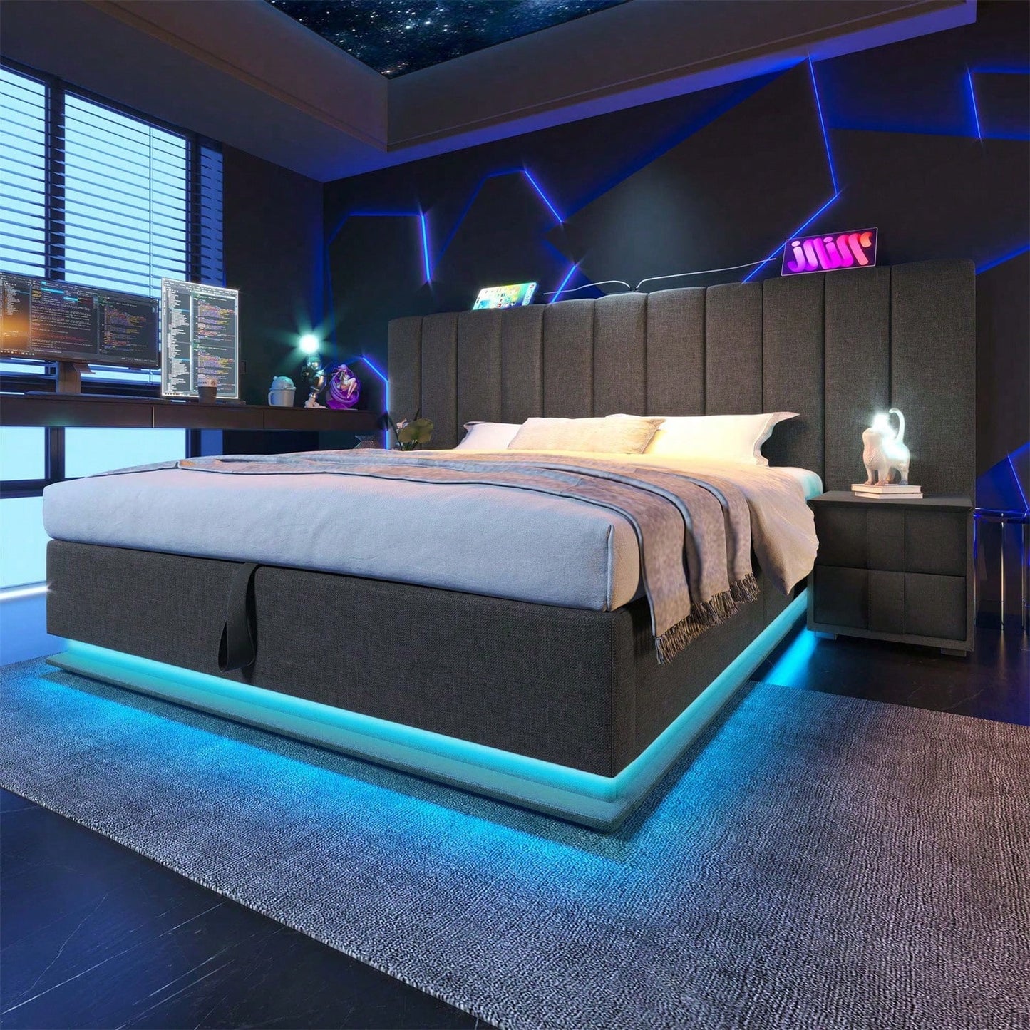 Polsterbett 180*200, Doppelbett Stauraumbett mit LED und USB-C Ladefunktion, Bettgestell mit Lattenrost, Leinen, Beige, Ohne Matratze und Nachttisch