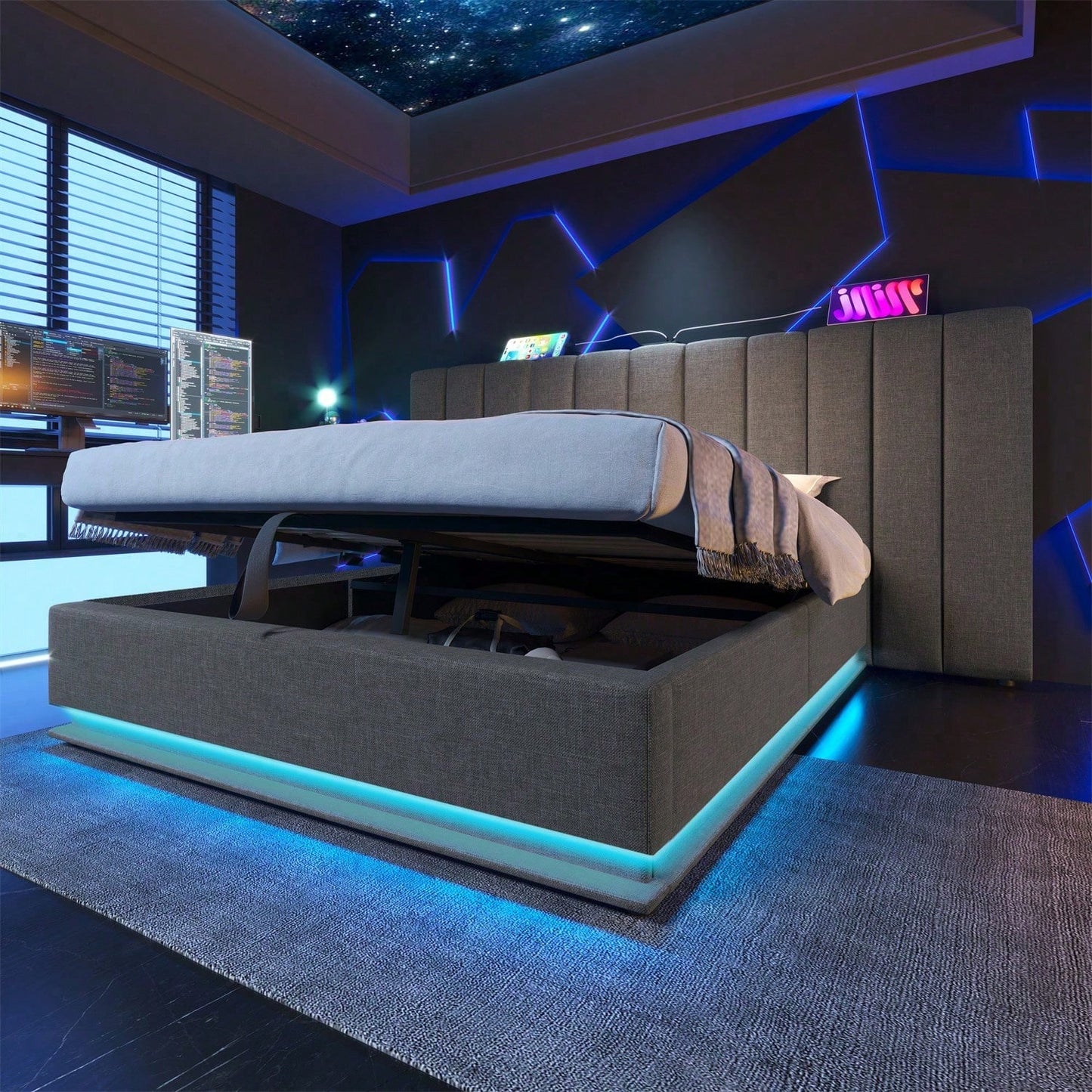 Polsterbett 180*200, Doppelbett Stauraumbett mit LED und USB-C Ladefunktion, Bettgestell mit Lattenrost, Leinen, Beige, Ohne Matratze und Nachttisch
