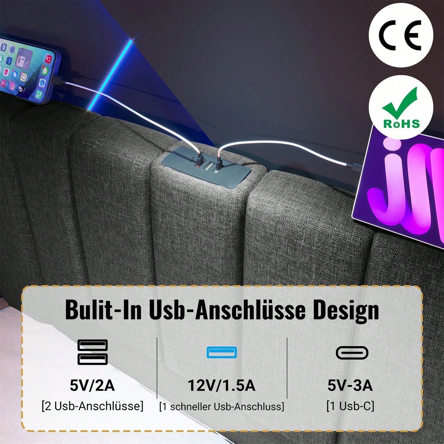 Polsterbett 180*200, Doppelbett Stauraumbett mit LED und USB-C Ladefunktion, Bettgestell mit Lattenrost, Leinen, Beige, Ohne Matratze und Nachttisch