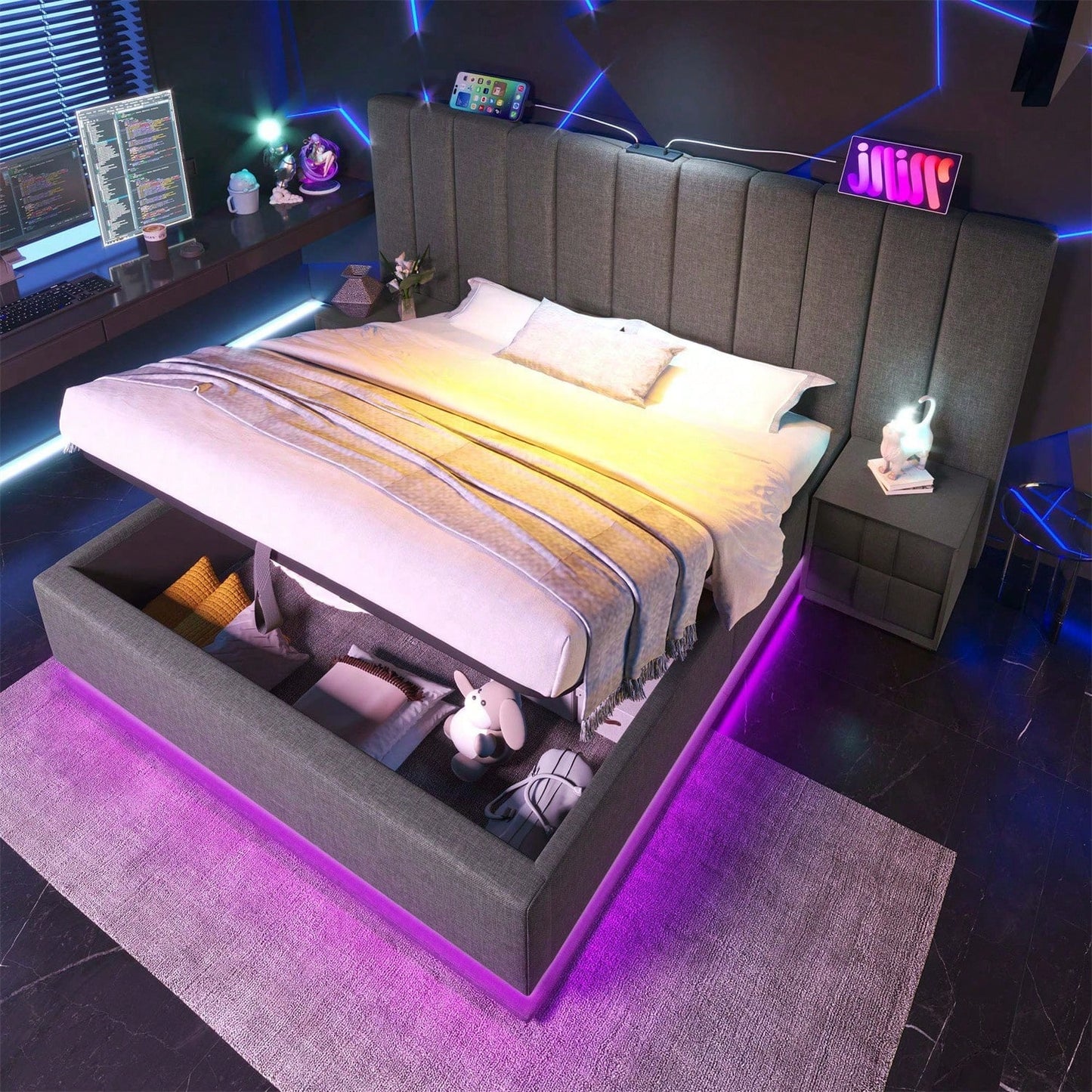 Polsterbett 180*200, Doppelbett Stauraumbett mit LED und USB-C Ladefunktion, Bettgestell mit Lattenrost, Leinen, Beige, Ohne Matratze und Nachttisch