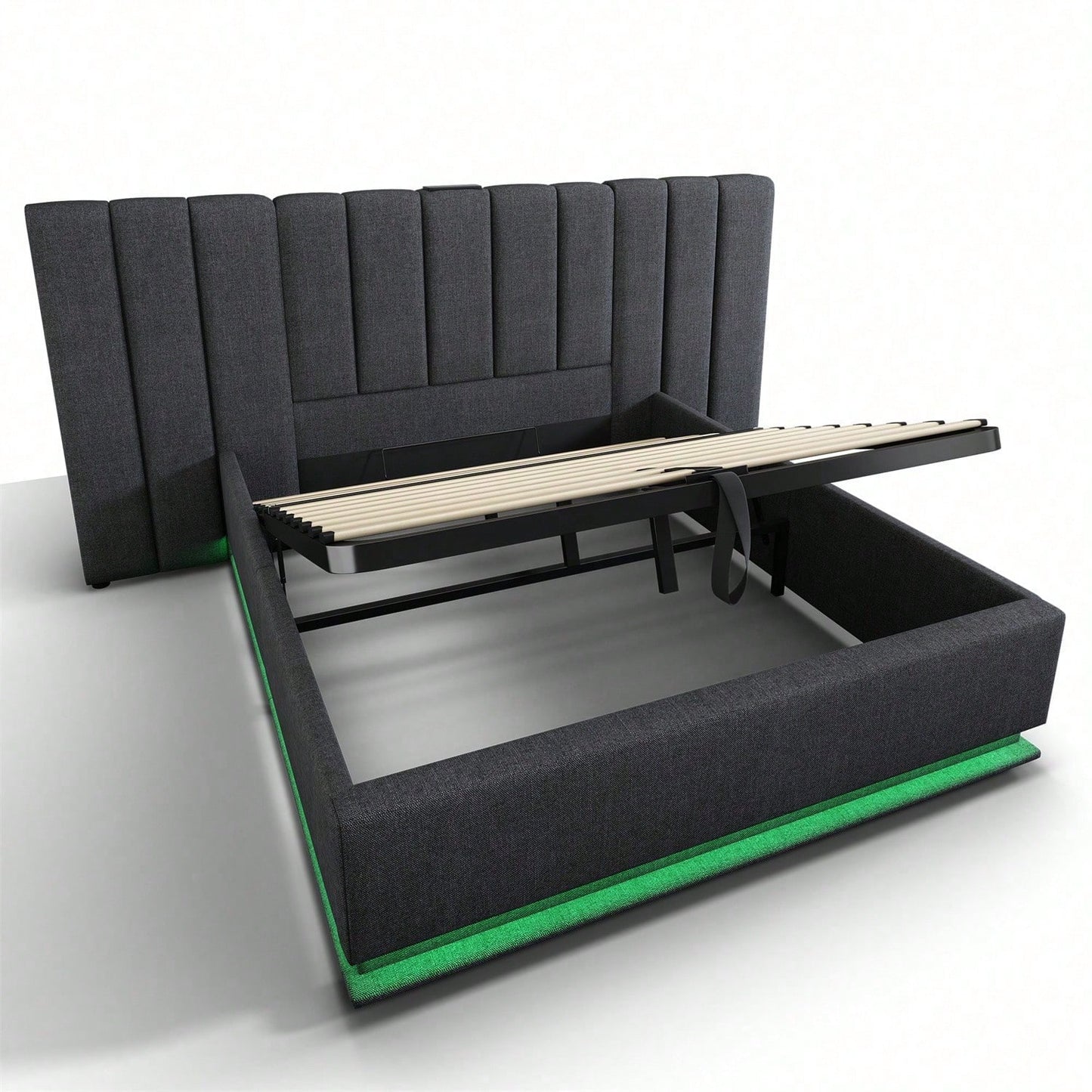 Polsterbett 180*200, Doppelbett Stauraumbett mit LED und USB-C Ladefunktion, Bettgestell mit Lattenrost, Leinen, Beige, Ohne Matratze und Nachttisch
