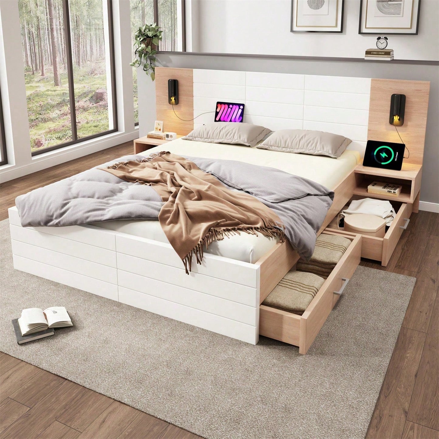 Doppelbett Holzbett Bettanlage140*200cm mit 2 Schubladen,Kopfteil Leselicht mit USB Ladefunktion,Modernes Bett inkl.2 Nachtkommode,Bettgestell &Lattenrost215*80*207cm Set in Eiche/Weiß