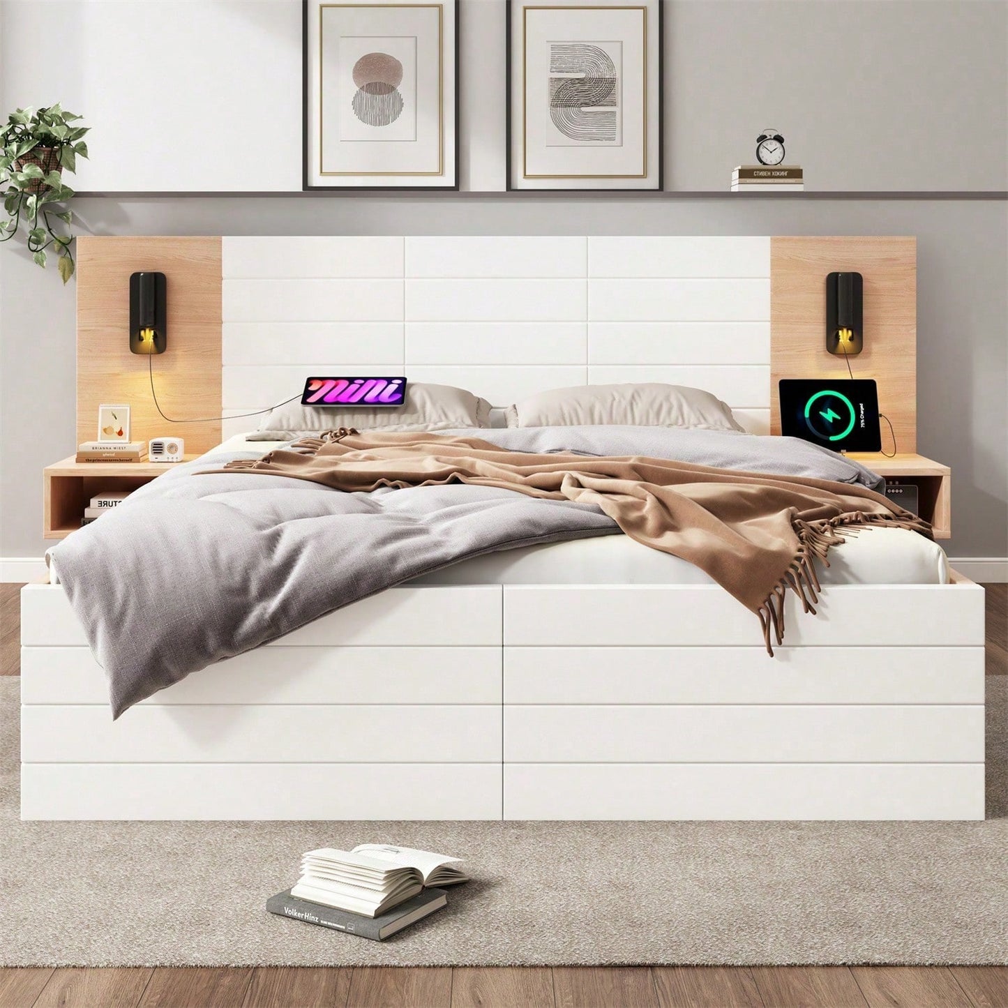 Doppelbett Holzbett Bettanlage140*200cm mit 2 Schubladen,Kopfteil Leselicht mit USB Ladefunktion,Modernes Bett inkl.2 Nachtkommode,Bettgestell &Lattenrost215*80*207cm Set in Eiche/Weiß