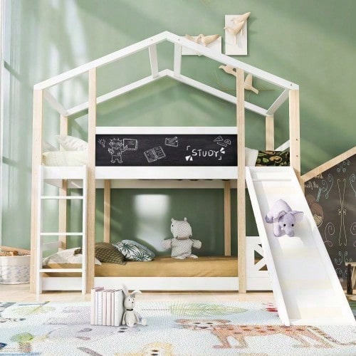 Kinderbett Baumhaus mit Rutsche & Leiter 90 x 200 cm, Hochbett für Kinder– 2x Lattenrost- Natur & Weiß