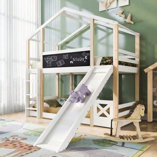 Kinderbett Baumhaus mit Rutsche & Leiter 90 x 200 cm, Hochbett für Kinder– 2x Lattenrost- Natur & Weiß