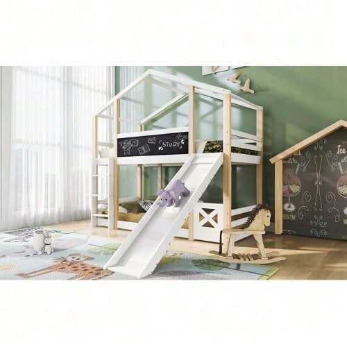 Kinderbett Baumhaus mit Rutsche & Leiter 90 x 200 cm, Hochbett für Kinder– 2x Lattenrost- Natur & Weiß