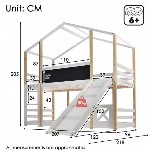 Kinderbett Baumhaus mit Rutsche & Leiter 90 x 200 cm, Hochbett für Kinder– 2x Lattenrost- Natur & Weiß