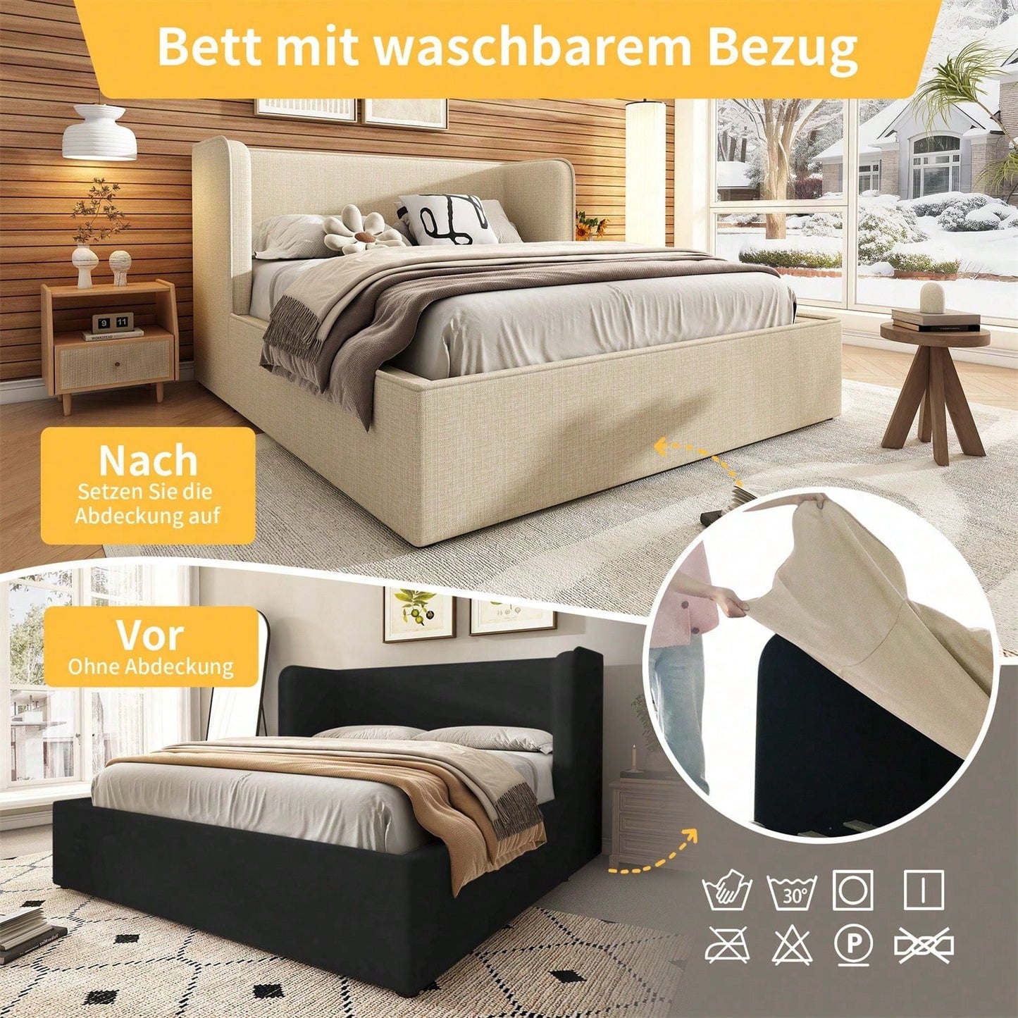 Polsterbett 180*200, Doppelbett Hydraulisch Stauraumbett mit Breite Seitenlehn und Abnehmbarer Bettrahmenbezug, Bettgestell mit Lattenrost und Stauraum, Leinen, Grau, Ohne Matratze